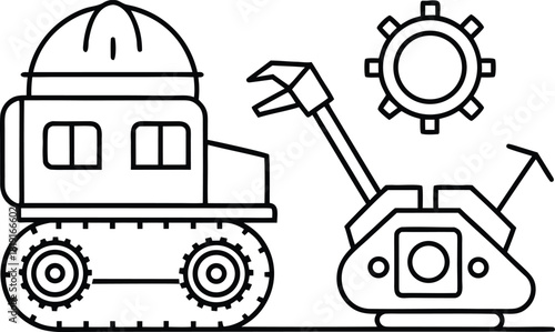 Line art illustration of a crawler excavator and a gear, construction concept