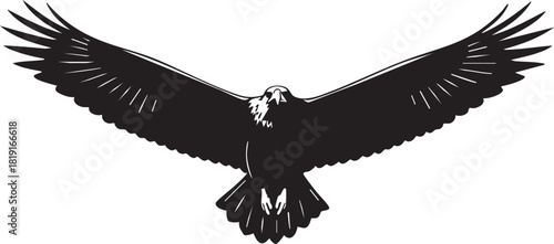 A bold and striking black and white illustration of a majestic eagle in full flight, wings spread wide, conveying power and freedom