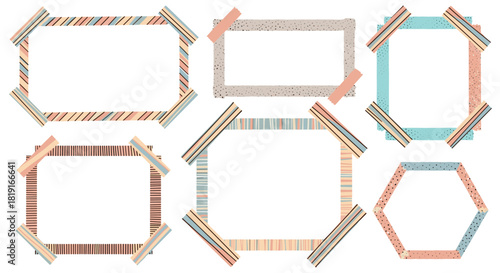 Collection of decorative geometric frames with striped and dotted patterns, taped to a surface.