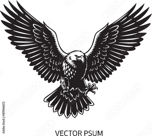 Fierce flying eagle with spread wings in a powerful attacking pose. A monochrome vector illustration perfect for a mascot, emblem, or symbol of strength