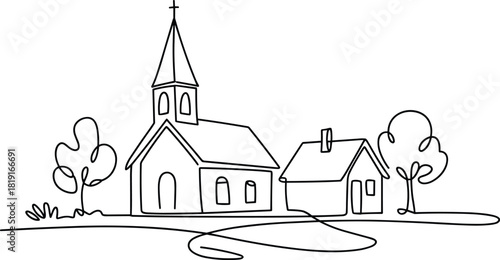 Single line drawing of a church and house with trees