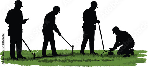 Land survey engineers measuring ground levels with professional equipment, construction site preparation and mapping accuracy, geodetic teamwork for infrastructure planning