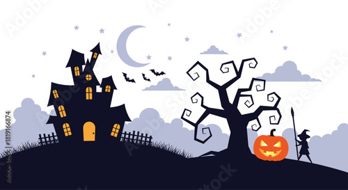 Spooky Halloween night scene with a haunted house, bats, a spooky tree, and a witch with a pumpkin.
