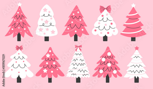 Set of pink Christmas trees decorated with Christmas toys and garlands in a flat cartoon style isolated on a background. Vector New Year and Christmas illustrations
