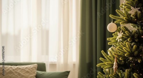 Close-up of a decorated Christmas tree with white ornaments in a cozy home interior. Festive holiday background with a blurred living room and copy space