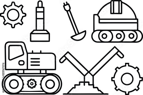 Construction equipment and tools line art icons set