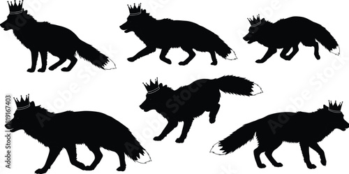 Majestic fox silhouette wearing a royal crown, symbolizing power, intelligence, and mystery in elegant black illustration art design collection