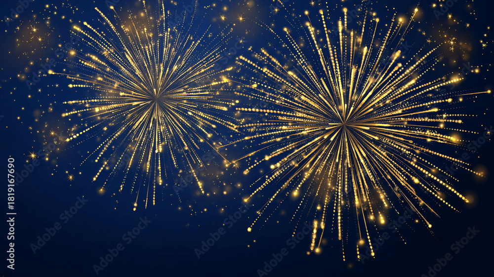 Fototapeta premium Elegant 2026 New Year gold fireworks on midnight blue