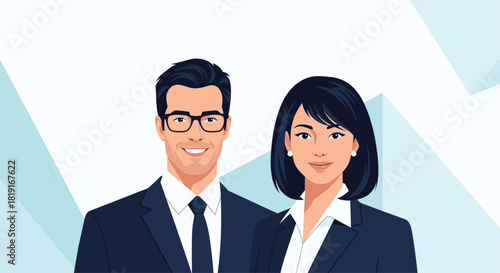 A diverse male and female business professionals in suits and ties pose confidently for a corporate image.