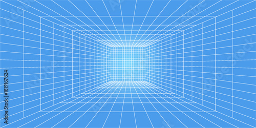 3d wireframe grid room. 3d perspective laser grid 16 9.. Cyberspace blue background with white mesh. Futuristic digital hallway space in virtual reality. Vector illustration.Print