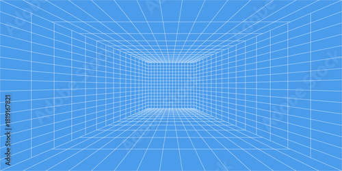 3d wireframe grid room. 3d perspective laser grid 16 9.. Cyberspace blue background with white mesh. Futuristic digital hallway space in virtual reality. Vector illustration.Print