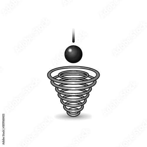 Conceptual illustration of a black sphere falling into a conical spring vortex on a white background.