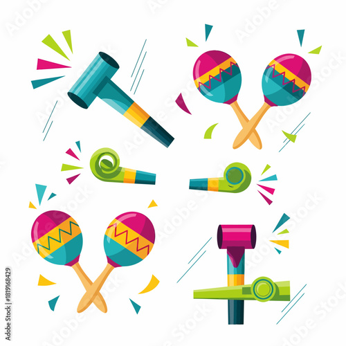 A colorful collection of party noisemakers including maracas, horns, and blowouts, isolated on a white background.