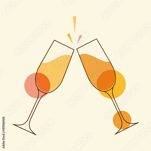 An elegant illustration of two champagne flutes clinking together in a celebratory toast with colorful bubbles.