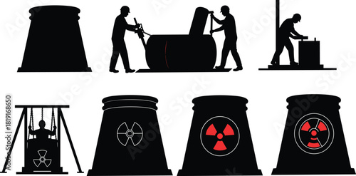 Nuclear power plant construction workers, engineers operating machinery and equipment, industrial energy production facility, atomic reactor structure and radiation safety concept illustration