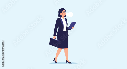 Businesswoman in a suit walking and exhaling a puff of air while holding a briefcase and a folder.