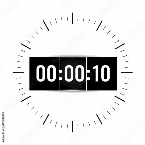 Modern digital countdown timer showing ten seconds remaining on a minimalist clock face.