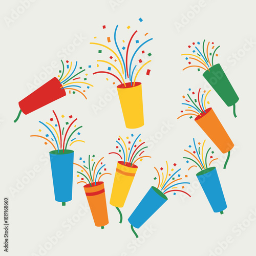 A festive vector illustration of multiple colorful party poppers exploding with confetti.