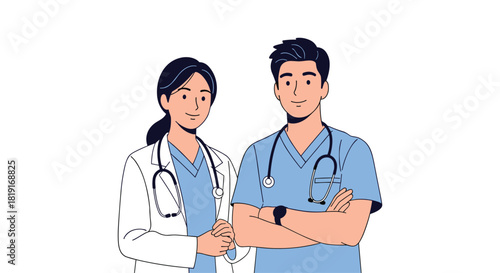 Two medical professionals, a male and a female doctor or nurse, standing together and smiling.