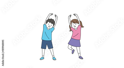 Two children in colorful clothing doing stretches with their arms raised above their heads.