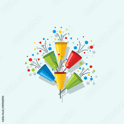 A festive bouquet of colorful exploding party poppers with confetti on a light background.