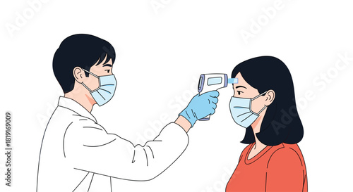 Doctor using a thermometer gun to check a woman's temperature while wearing masks.