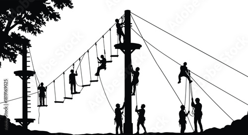 People climbing and balancing on ropes at adventure park, teamwork, outdoor activity, training, challenge course, leadership, fitness, coordination, safety concept
