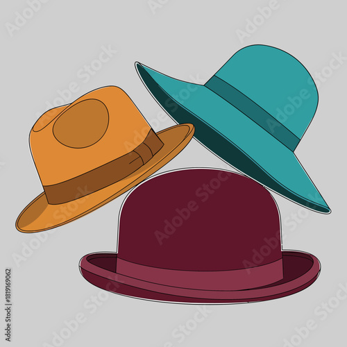 An illustration of three colorful vintage hats: a fedora, a bowler, and a wide-brimmed hat.