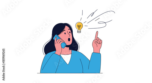 Woman on the phone has a sudden idea, illustrated by a lightbulb above her head.