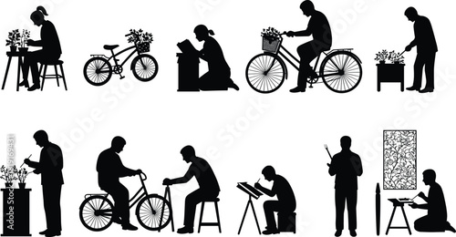 People gardening and cycling silhouettes, creative vector illustration of daily life activities, plant care, floral design, eco lifestyle concept