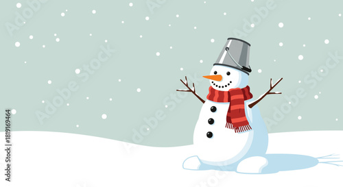 A cheerful snowman wearing a red scarf and bucket hat stands in a snowy landscape as snowflakes fall.