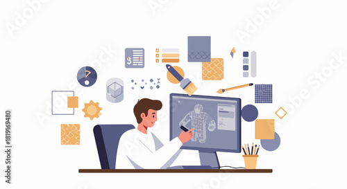 Fashion designer using CAD software for clothing design, surrounded by creative tools and design elements.