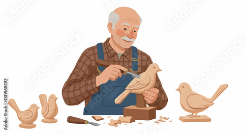 An elderly craftsman meticulously woodcarving a bird sculpture, surrounded by finished wooden birds and wood shavings, showcasing his artistic hobby and dedication.