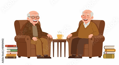 Two happy elderly friends enjoy a warm conversation, sharing laughter and companionship while relaxing in armchairs with books and hot drinks.