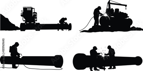 Pipeline construction workers welding large metal pipes, industrial engineering and installation process, oil and gas infrastructure, heavy machinery and welding work illustration