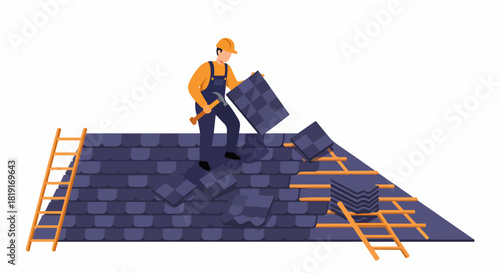 Roofer working on a house roof installation or repair, laying shingles with a hammer and ladders nearby. Construction, home improvement, and maintenance concept.
