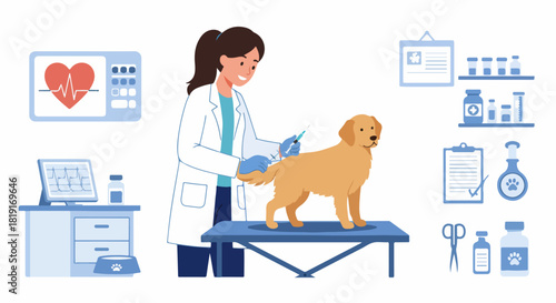 Smiling veterinarian administers a vaccination to a golden retriever dog on an examination table, surrounded by various veterinary medical equipment, symbolizing pet health and care.