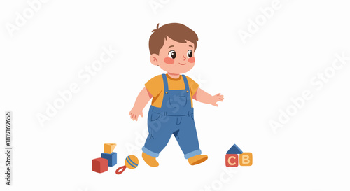 Adorable toddler boy in blue overalls and yellow shirt, happily walking among colorful building blocks and a rattle, representing early childhood development and playful learning.