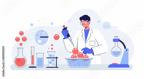 Scientist working in a laboratory, performing experiments with a micropipette and lab equipment for scientific research and medical innovation.