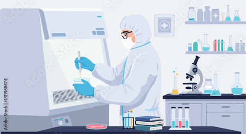 Scientist in protective gear conducting lab research with petri dish and pipette under biosafety cabinet, surrounded by equipment.