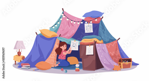 A young girl enjoys imaginative play in her cozy, homemade blanket fort, surrounded by her drawings and creative space.