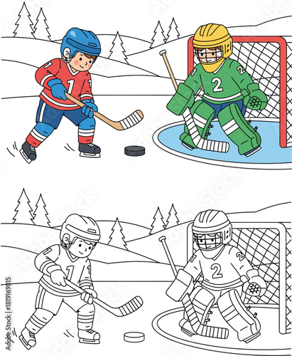 Ice hockey coloring page for kids with colored example, cartoon children playing sports on winter rink vector illustration, hockey player and goalkeeper outline