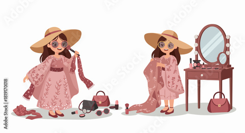 Young girl playing dress-up with fashion accessories and makeup, dreaming of style and glamour at her vanity table, embracing childhood imagination.