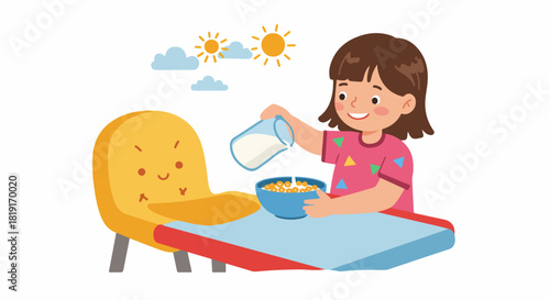 Cute little girl prepares her own healthy breakfast with cereal and milk, sitting happily in her high chair on a sunny morning.