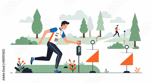 Orienteering athlete punching a control point during a race in a lush park, surrounded by trees and bushes, a competitive outdoor sports illustration.