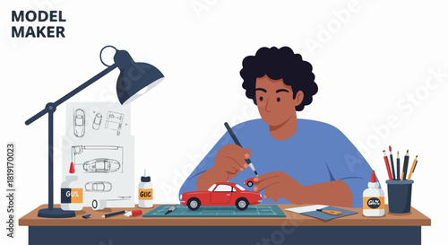 Dedicated Model Maker Assembling a Red Vintage Car Model on a Workbench, Showcasing Precision and Creativity in a Detailed Hobby Project