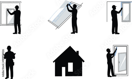 Professional worker installing window glass film for home insulation and energy efficiency, house window tinting and maintenance service concept illustration