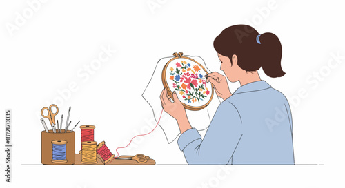 A woman meticulously embroidering a vibrant floral pattern on fabric, surrounded by colorful threads and crafting tools, showcasing creative needlework.
