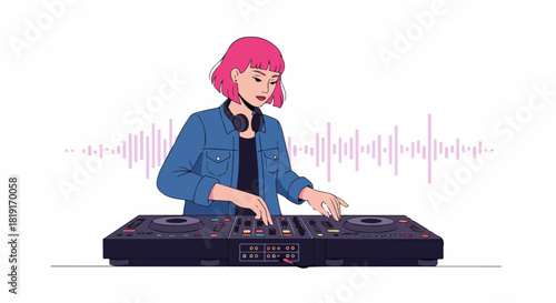 Vibrant illustration of a female DJ with pink hair mixing tracks on a professional deck, showcasing modern music production and live performance.
