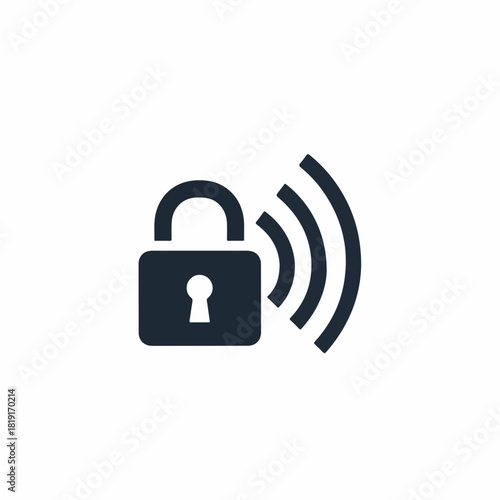 Security concept showing black padlock with wireless symbol, representing network protection. Security padlock represents data protection in digital communications.